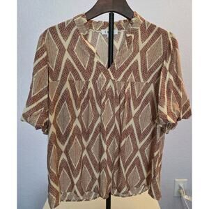 THML Top Oversized Cap Sleeve Burgundy And Cream Print Popover Women’s Size L